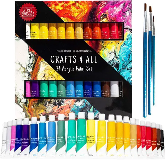 Main image of Crafts 4 All Acrylic Paint Set - 24 Pack of 12mL Paints with 3 Art Brushes, Non-Toxic Craft Paint for Adults and Artists, for Easter Eggs, Ceramic Rock Art Supplies