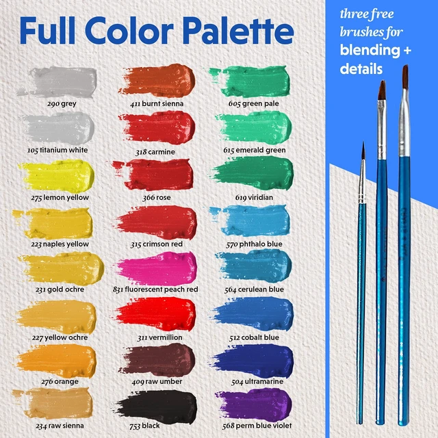 Alt view image 2 of 6 - Crafts 4 All Acrylic Paint Set - 24 Pack of 12mL Paints with 3 Art Brushes, Non-Toxic Craft Paint for Adults and Artists, for Easter Eggs, Ceramic Rock Art Supplies