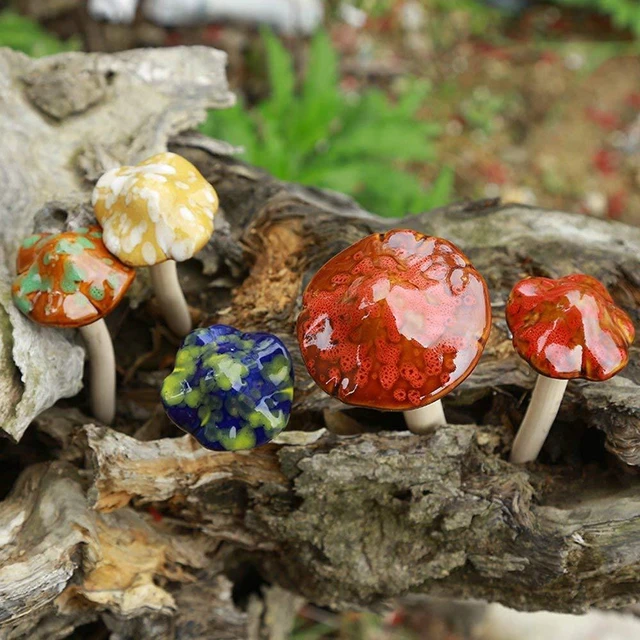 Alt view image 3 of 5 - Danmu Ceramic Mushroom 4pcs Random Color 4.52-Inch Garden Yard Fairy Lawn Ornament