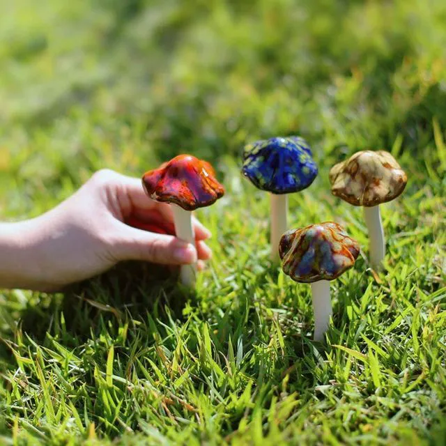Alt view image 4 of 5 - Danmu Ceramic Mushroom 4pcs Random Color 4.52-Inch Garden Yard Fairy Lawn Ornament