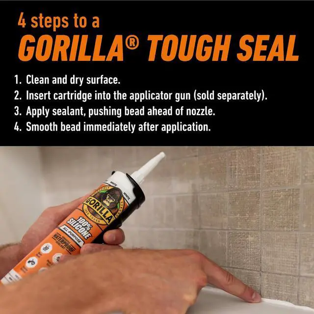 Alt view image 2 of 6 - Gorilla 100% Silicone Waterproof Caulk, All-Purpose, White, 10 oz Cartridge