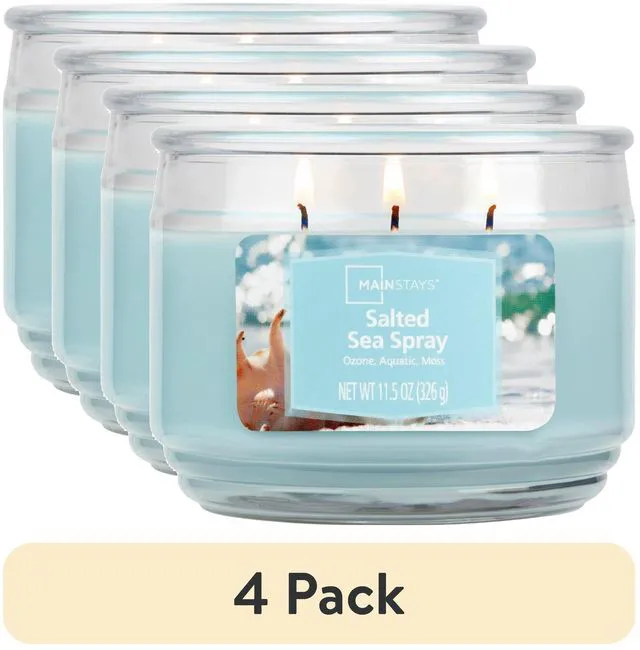Main image of Mainstays 3-Wick Scented Glass Jar Candle, Salted Sea Spray, 11.5 oz, 4 Pack