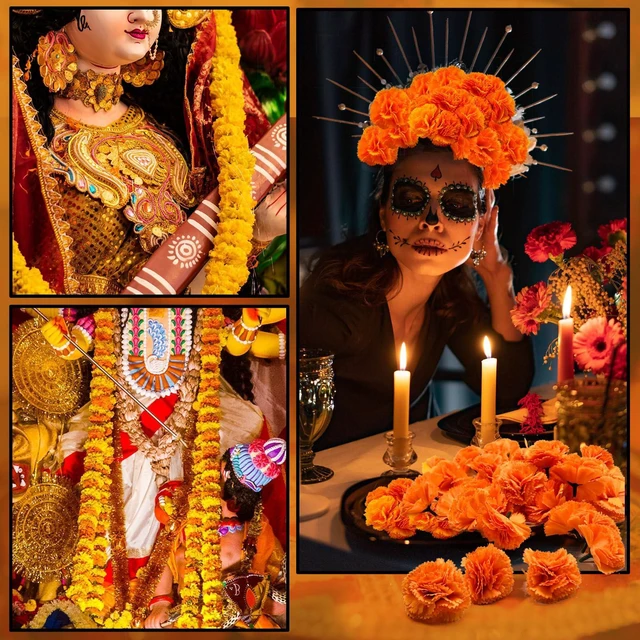 Alt view image 4 of 7 - Bulk Silk Artificial Marigold Flower Heads for Diwali Indian Festival DIY Marigold Garland Day of the Dead Decorations (Orange)