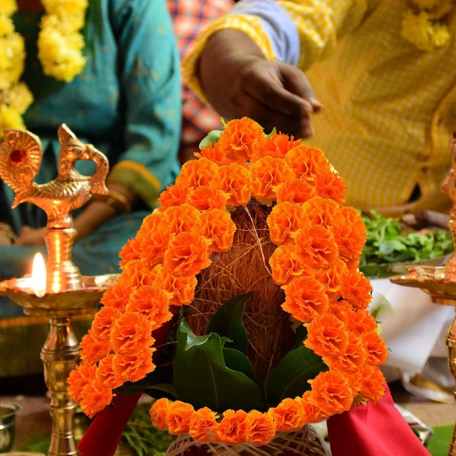 Alt view image 2 of 7 - Bulk Silk Artificial Marigold Flower Heads for Diwali Indian Festival DIY Marigold Garland Day of the Dead Decorations (Orange)