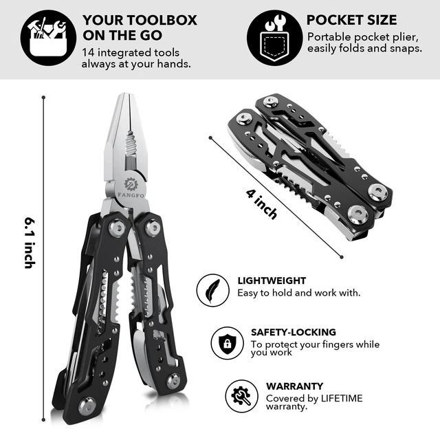 Alt view image 2 of 6 - 14-In-1 Multitool with Safety Locking, Stainless Steel Pliers, Pocket Knife, Bottle Opener, Screwdriver, Nylon Sheath for Survival, Camping, Hunting, Hiking, 1 Pcs
