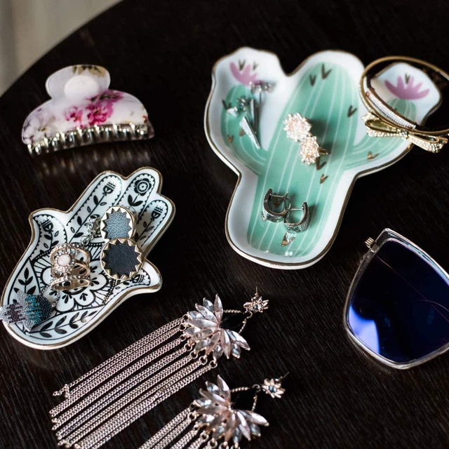 Alt view image 7 of 7 - Ceramic Hamsa Evil Eye Hand of Fatima Small Jewelry Ring Dish Trinket Plate Bowl Key Ashtray Boho Home Decor Gift for Mom Birthday