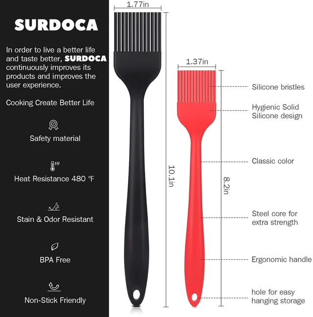 Alt view image 5 of 5 - SURDOCA Silicone Pastry Basting Brush, 2Pcs 10in & 8in, Heat Resistant, BPA-Free, Stainless Steel Core, for Baking, Cooking, Sauce, Butter, Oil, Barbecue BBQ Grilling