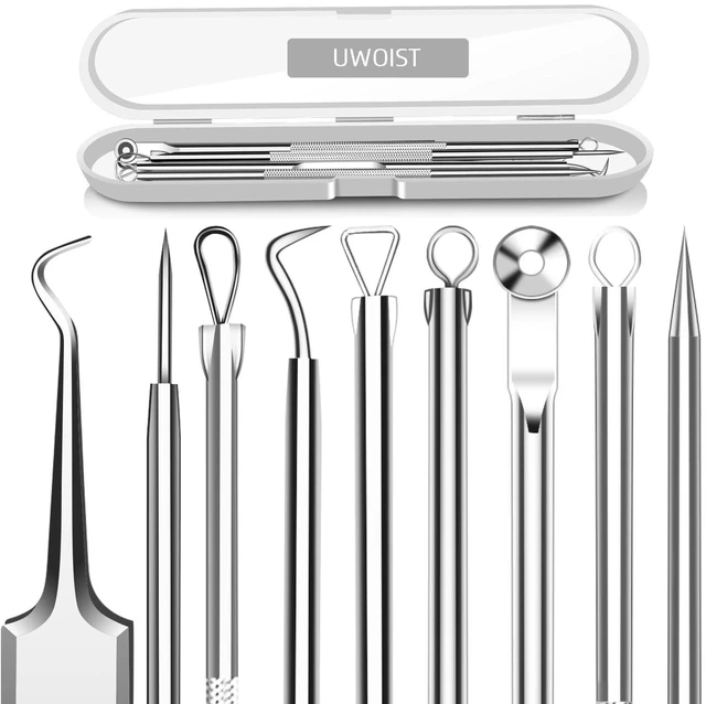 Main image of 5Pcs Stainless Steel Blackhead Remover Comedone Extractor, Curved Tweezers Kit, Professional Acne Blemish Removal Tools