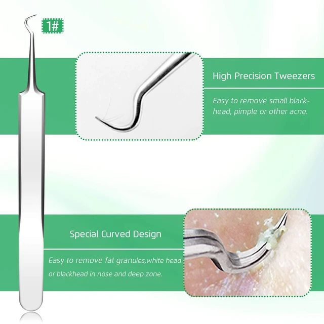 Alt view image 5 of 7 - 5Pcs Stainless Steel Blackhead Remover Comedone Extractor, Curved Tweezers Kit, Professional Acne Blemish Removal Tools