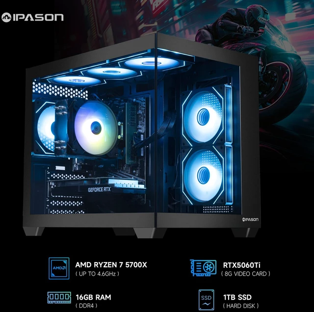 Alt view image 2 of 7 - IPASON Prebuilt Gaming Desktop PC, Ryzen 7 5700X,NVIDIA RTX 5060 Ti,16GB DDR4 RAM, 1TB NVMe SSD, 550W PSU, Liquid Cooler, Wi-Fi, RGB Fans, Windows 11