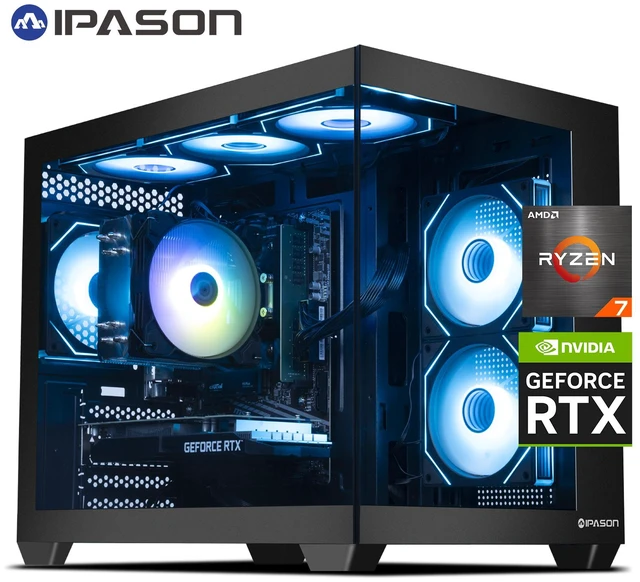 Main image of IPASON Prebuilt Gaming Desktop PC, Ryzen 7 5700X,NVIDIA RTX 5060 Ti,16GB DDR4 RAM, 1TB NVMe SSD, 550W PSU, Liquid Cooler, Wi-Fi, RGB Fans, Windows 11