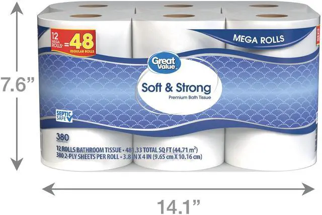 Alt view image 4 of 6 - Great Value Soft & Strong Toilet Paper, 12 Mega Rolls, 380 Sheets per Roll