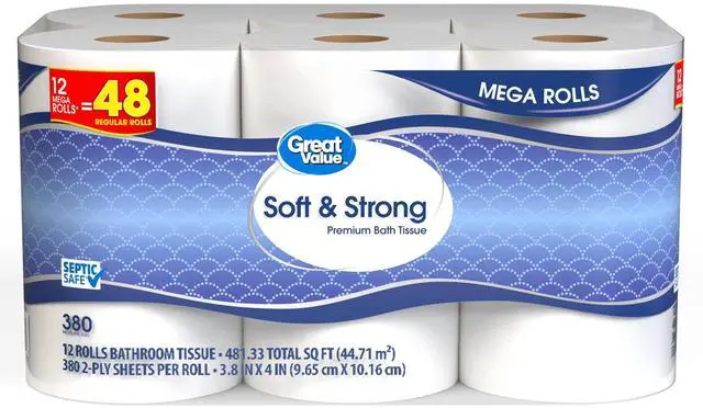 Alt view image 5 of 6 - Great Value Soft & Strong Toilet Paper, 12 Mega Rolls, 380 Sheets per Roll