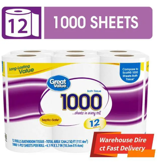 Main image of Great Value Toilet Paper, 1000 Sheets per Roll, 12 Rolls