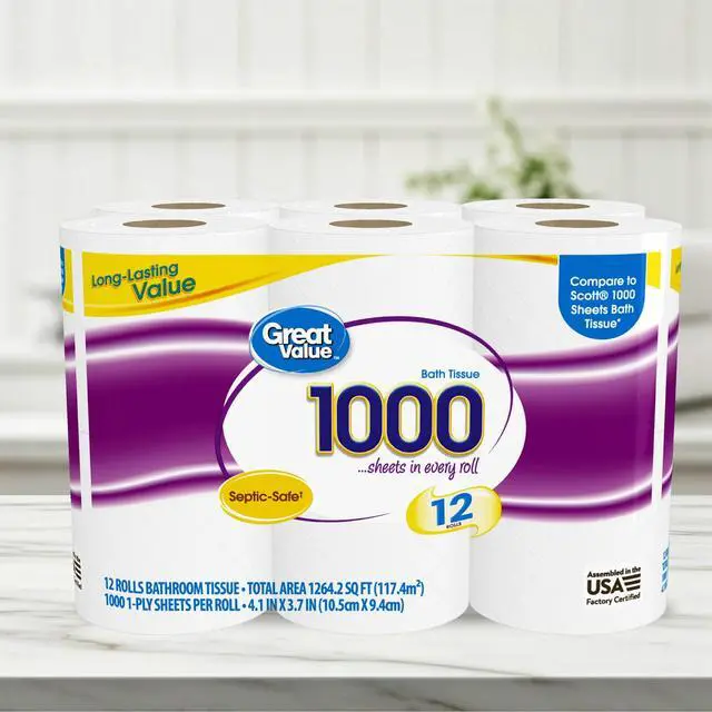 Alt view image 3 of 6 - Great Value Toilet Paper, 1000 Sheets per Roll, 12 Rolls