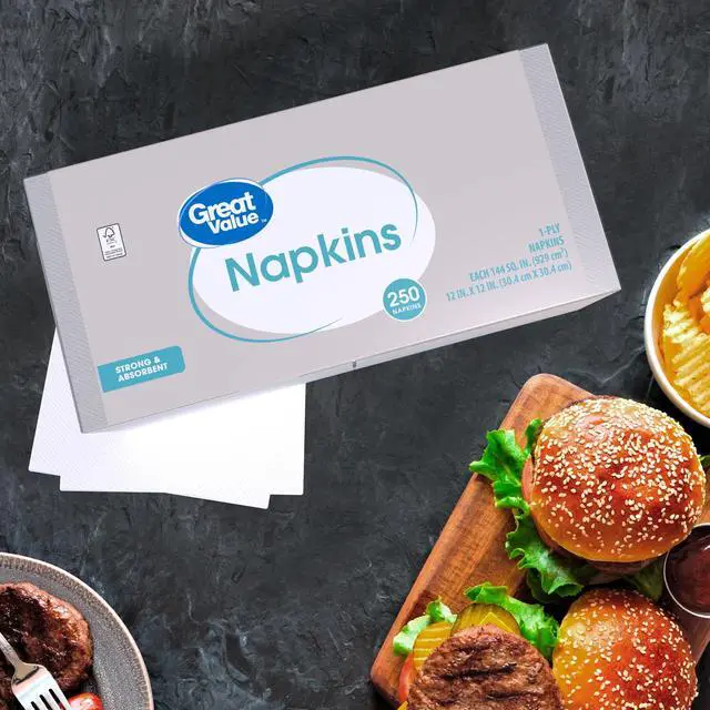 Alt view image 6 of 6 - (3 pack) Great Value Disposable Paper Napkins, White, 12 in x 12 in, 250 Count, Good Absorbency For Food And Liquid Spills