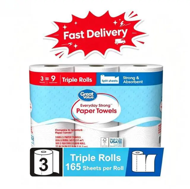 Main image of Great Value Everyday Strong Paper Towels, 3 Triple Rolls, Versatile For Kitchen, Dining And General Household Cleaning