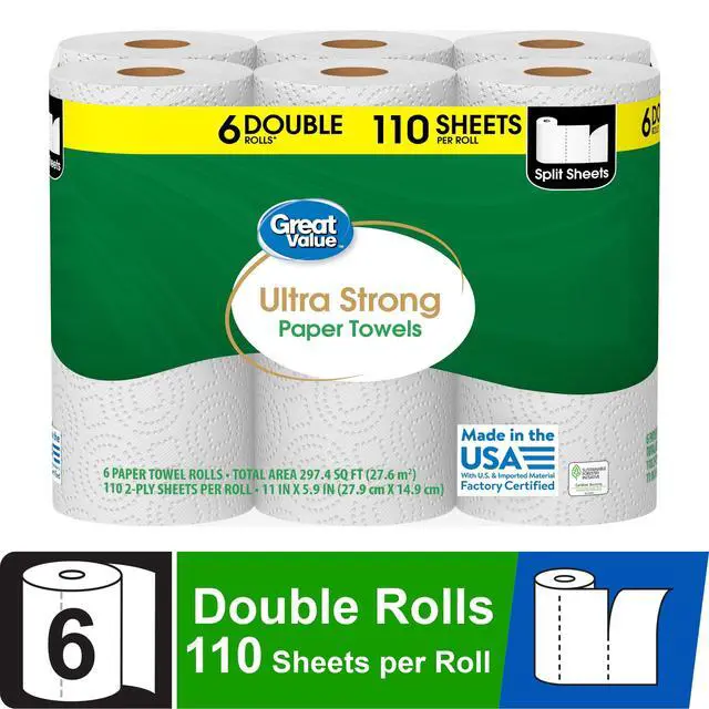 Alt view image 2 of 7 - Great Value Ultra Strong Paper Towels, 6 Double Rolls, Enhanced Wet Strength Resists Ripping During Tough Cleaning