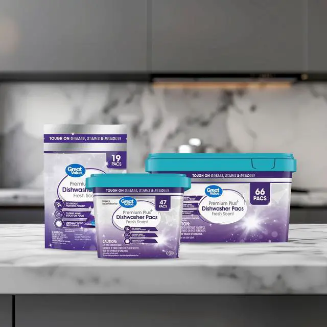 Alt view image 3 of 7 - Great Value Premium Plus Dishwasher Pacs, Fresh Scent, 47 Count, Prevents Water Spots To Keep Dishes Sparkling Clean