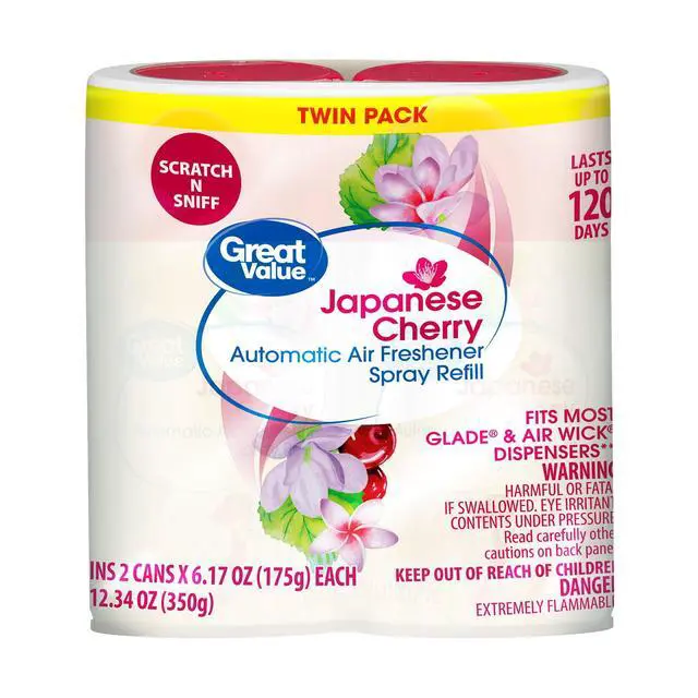 Alt view image 2 of 6 - Great Value Automatic Air Freshener Spray Refill, Cherry Blossom, 2-6.17 oz, 2 Pieces, Long-lasting cherry blossom scent for living rooms and restrooms