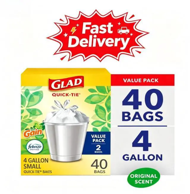 Main image of Glad Quick-Tie 4-Gallon Small Trash Bags, Gain Original Scent, 20 Bags, 2 Pack, Sturdy construction resists rips and messy leaks during use