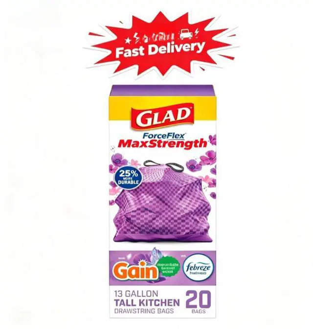 Main image of Glad ForceFlex MaxStrength 13-Gallon Purple Drawstring Tall Kitchen Bags, Gain Moonlight Breeze Scent, 20 Bags, Convenient drawstring design enables simple lifting and sealing