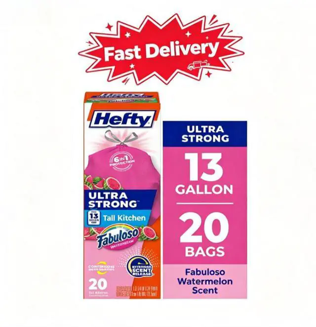 Main image of Hefty Ultra Strong 13 Gallon Trash Bags, Tall Kitchen Trash Bags, Pink, Fabuloso Watermelon Scent, 20 Bags, Heavy-duty construction resists punctures and messy leaks