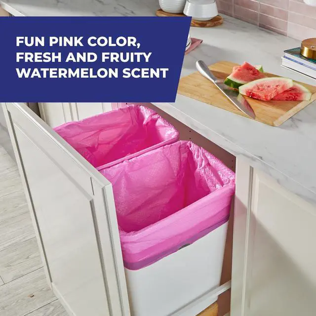 Alt view image 3 of 7 - Hefty Ultra Strong 13 Gallon Trash Bags, Tall Kitchen Trash Bags, Pink, Fabuloso Watermelon Scent, 20 Bags, Heavy-duty construction resists punctures and messy leaks