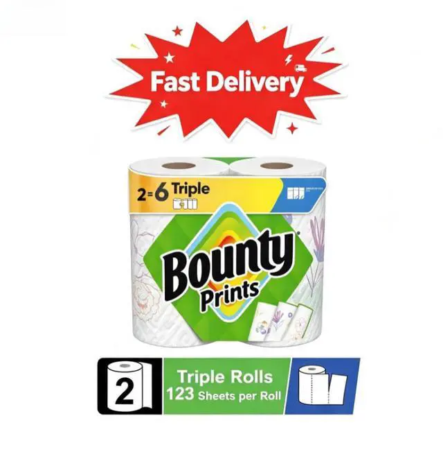 Main image of Bounty Paper Towels Select-A-Size Print, 2 Triple Rolls, 123 Sheets per Roll, Superior absorbency quickly soaks up spills and messes