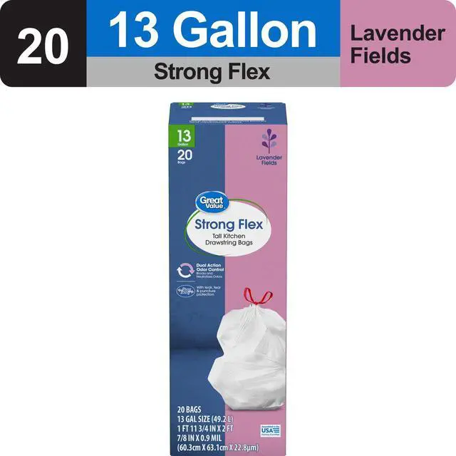 Alt view image 6 of 7 - Great Value Strong Flex 13-Gallon Drawstring Tall Kitchen Trash Bags, Lavender Fields Scent, 20 Bags, Convenient drawstring closure enables quick sealing and carrying