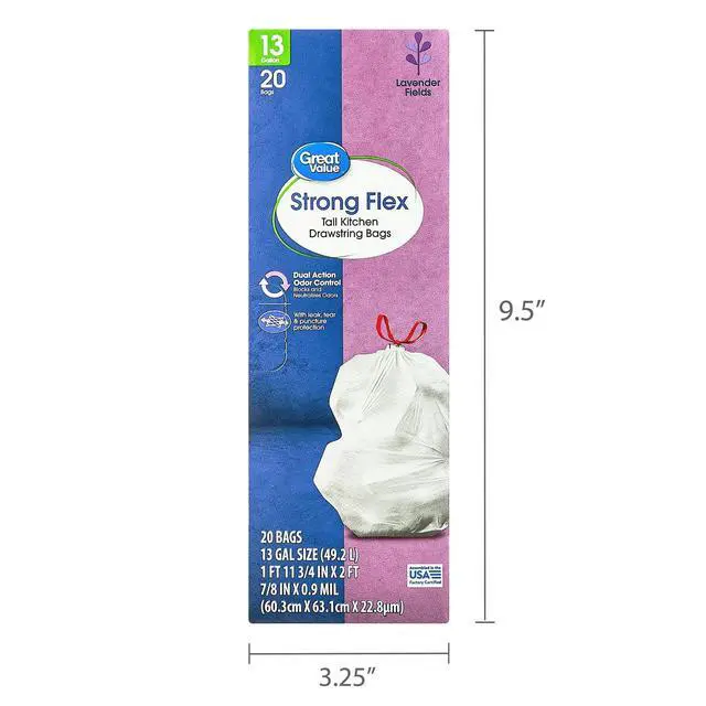 Alt view image 2 of 7 - Great Value Strong Flex 13-Gallon Drawstring Tall Kitchen Trash Bags, Lavender Fields Scent, 20 Bags, Convenient drawstring closure enables quick sealing and carrying