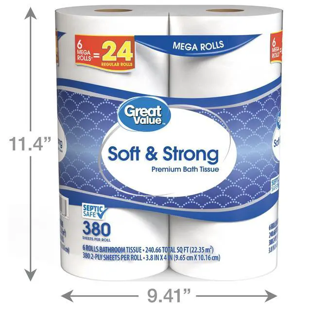 Alt view image 5 of 7 - Great Value Soft & Strong Premium Toilet Paper, 6 Mega Rolls, 380 Sheets per Roll, Reinforced structure resists tearing when wet
