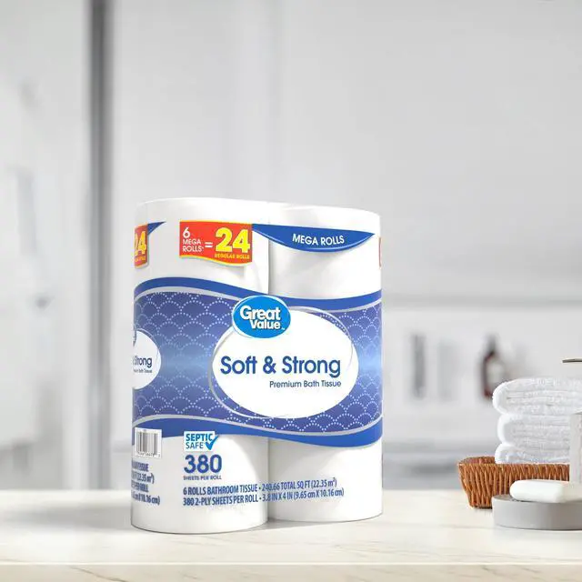 Alt view image 6 of 7 - Great Value Soft & Strong Premium Toilet Paper, 6 Mega Rolls, 380 Sheets per Roll, Reinforced structure resists tearing when wet