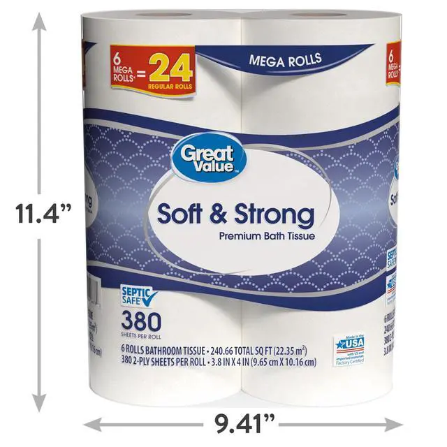 Alt view image 4 of 7 - Great Value Soft & Strong Premium Toilet Paper, 6 Mega Rolls, 380 Sheets per Roll, Reinforced structure resists tearing when wet