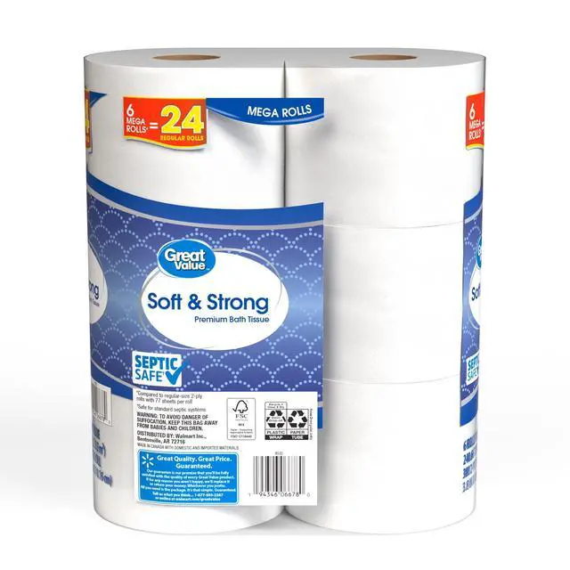 Alt view image 7 of 7 - Great Value Soft & Strong Premium Toilet Paper, 6 Mega Rolls, 380 Sheets per Roll, Reinforced structure resists tearing when wet