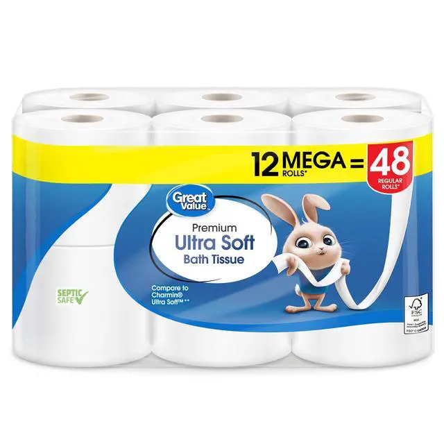 Alt view image 2 of 7 - Great Value Ultra Soft Toilet Paper, 12 Mega Rolls, Compare to Charmin® Ultra Soft, Luxuriously soft surface offers gentle comfort to skin