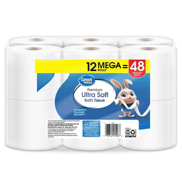 Alt view image 3 of 7 - Great Value Ultra Soft Toilet Paper, 12 Mega Rolls, Compare to Charmin® Ultra Soft, Luxuriously soft surface offers gentle comfort to skin