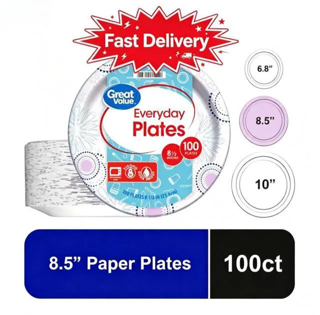 Main image of Great Value 8.5 Inch Disposable Paper Plates, 100 Count, Soak-Proof and Microwave Safe, Perfect size ideal for meals, parties and daily dining