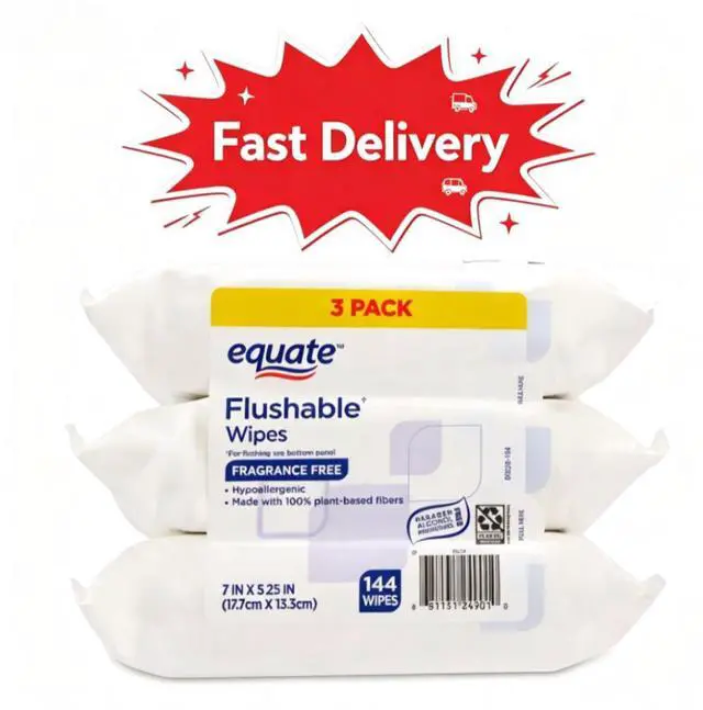 Main image of Equate Flushable Wet Wipes, Fragrance Free, 144 Wipes, 3 Pack, Convenient triple pack supplies long-lasting daily use