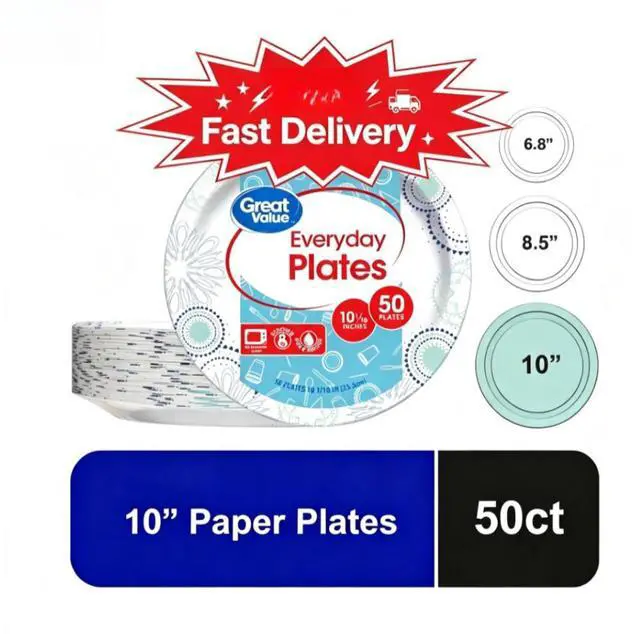 Main image of Great Value 10 Inch Disposable Paper Plates, 50 Count, Multicolor Design, Sturdy plate structure holds meals without bending easily