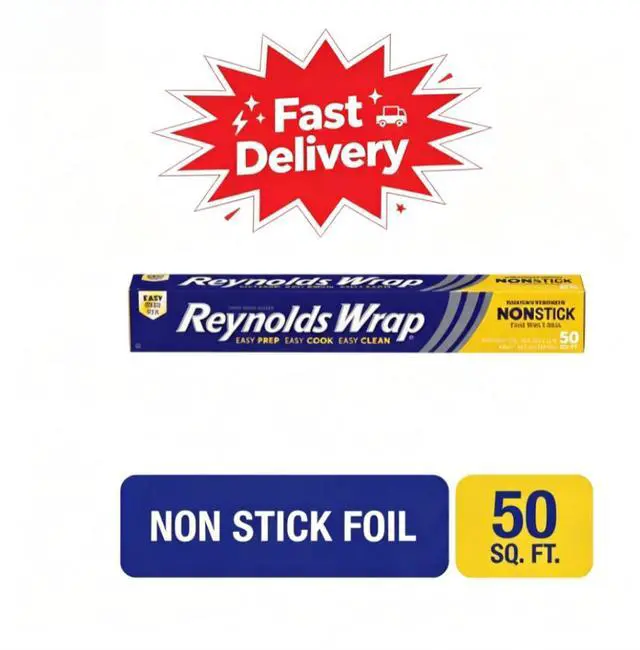 Main image of Reynolds Wrap Non-Stick Aluminum Foil Roll, 12 inches Wide, 50 Sq. Ft., Non-stick surface prevents food from sticking while cooking