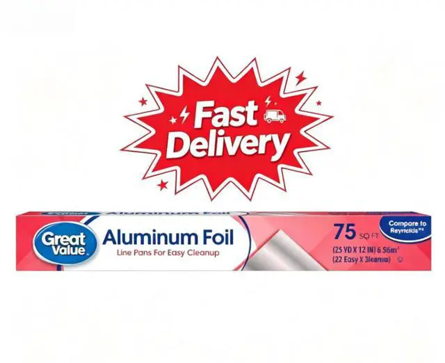 Main image of Great Value Aluminum Foil, 75 sq ft, Durable material resists tearing when wrapping and covering food