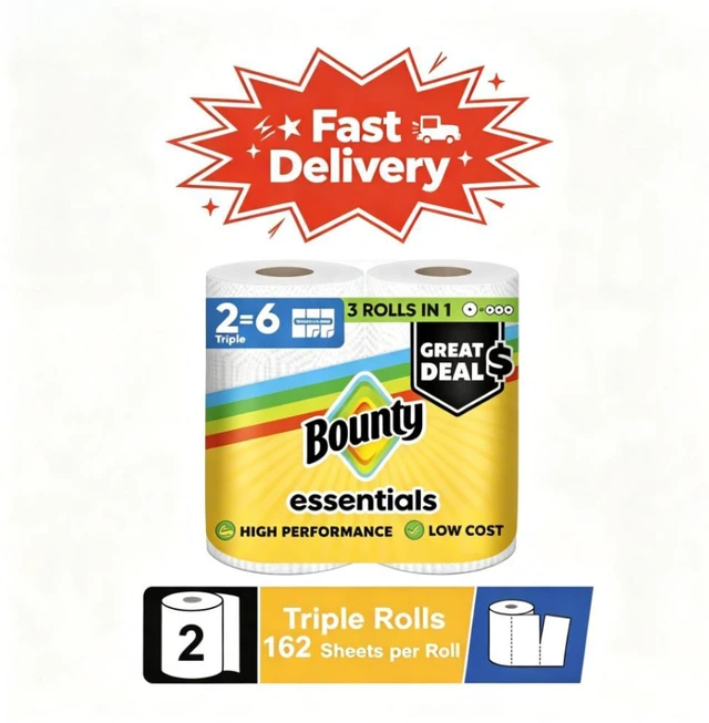 Main image of Bounty Essentials Paper Towels Select-A-Size, 2 Triple Rolls, White, 162 Sheets Per Roll, Select-A-Size sheets allow you to tear only what you need to reduce waste