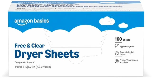 Main image of Amazon Basics Free & Clear Dryer Sheets, Hypoallergenic, Fragrance-Free, Softening Agent, Dermatologist Tested, 160 Count