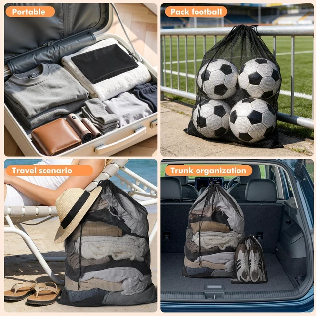 Alt view image 3 of 6 - 2 Pack Mesh Laundry Bags, Large & Small, Heavy Duty with Drawstring, Black - for Travel, College, Dorms, Sports, Family