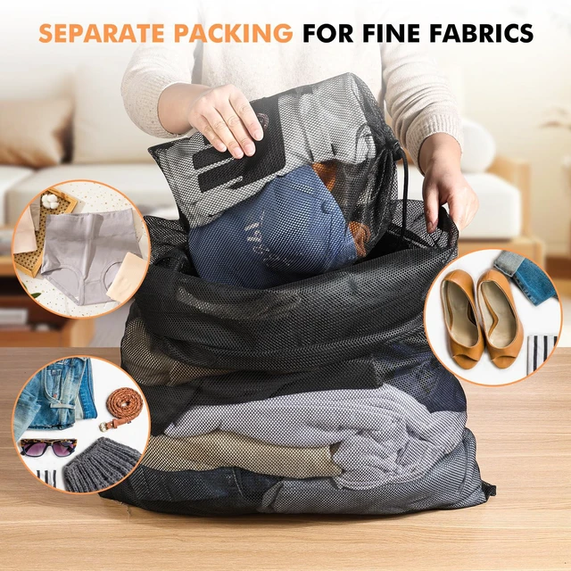 Alt view image 6 of 6 - 2 Pack Mesh Laundry Bags, Large & Small, Heavy Duty with Drawstring, Black - for Travel, College, Dorms, Sports, Family