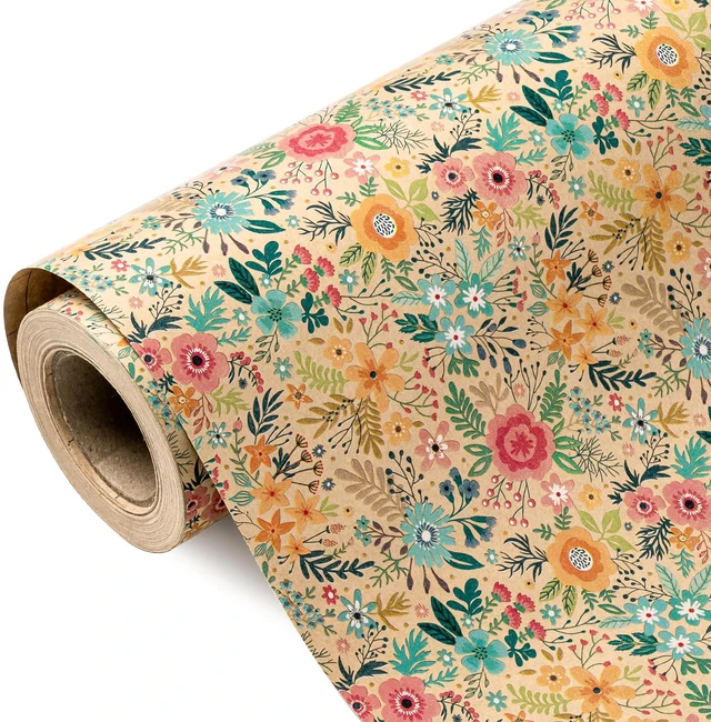 Main image of WRAPAHOLIC Kraft Floral Wrapping Paper Roll Mini Roll 17 Inch x 9.8 Feet Spring Summer Garden Flower Design for Wedding Bridal Shower Birthday