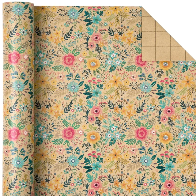 Alt view image 3 of 6 - WRAPAHOLIC Kraft Floral Wrapping Paper Roll Mini Roll 17 Inch x 9.8 Feet Spring Summer Garden Flower Design for Wedding Bridal Shower Birthday
