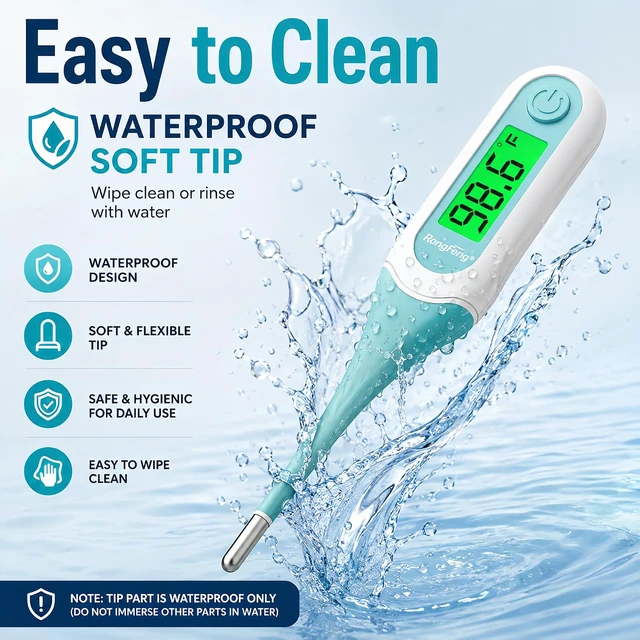 Alt view image 6 of 6 - 8 Second Digital Oral Thermometer, Fast Reading with 3 Color Backlit and Fever Alarm for Adults, Kids, Oral, Rectal, Underarm