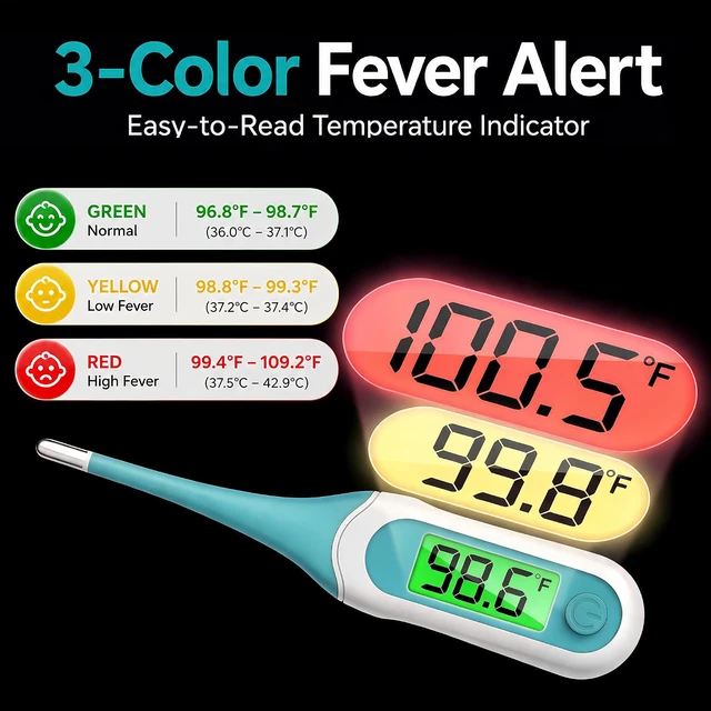 Alt view image 4 of 6 - 8 Second Digital Oral Thermometer, Fast Reading with 3 Color Backlit and Fever Alarm for Adults, Kids, Oral, Rectal, Underarm